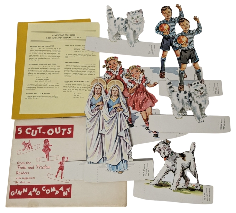 Vintage Ginn and Company Cut-Outs from the Faith and Freedom Readers (2 Full Sets of 5) Mother Mary, Mew-Mew, Zip, David & Ann