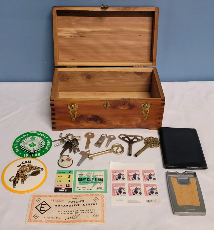 Wooden Keepsake Box with 1968 Grey Cup Stub , Assorted Keys , Unused Stamp +++