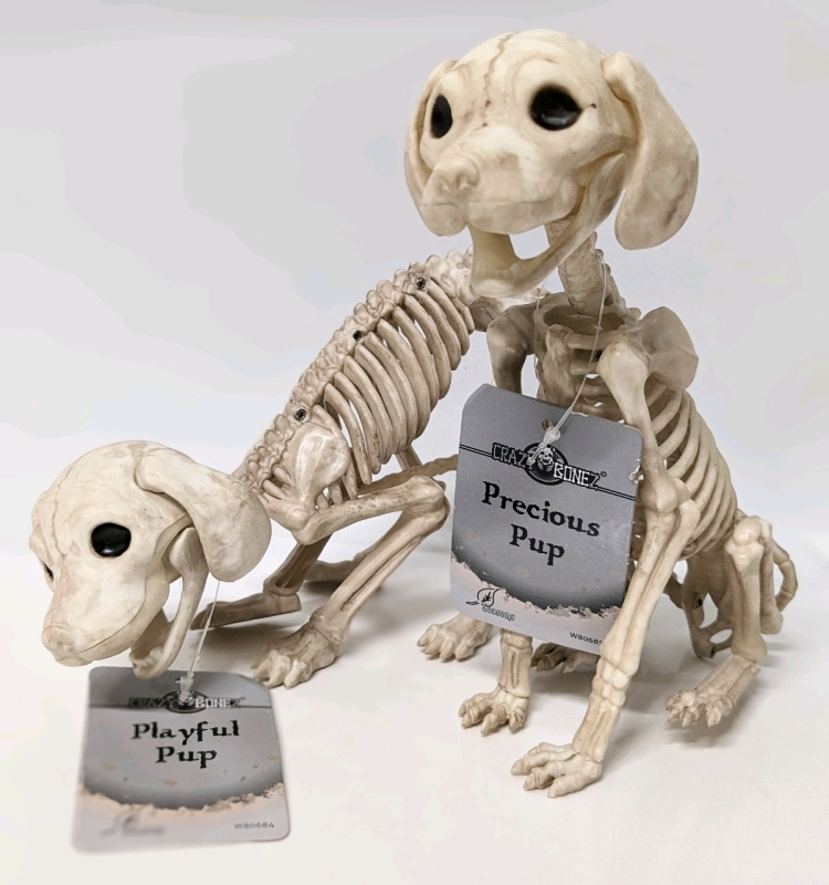 2 New CRAZY BONEZ Decorative Skeletal Puppies : Playful + Precious Pups 5" & 7.5" Tall