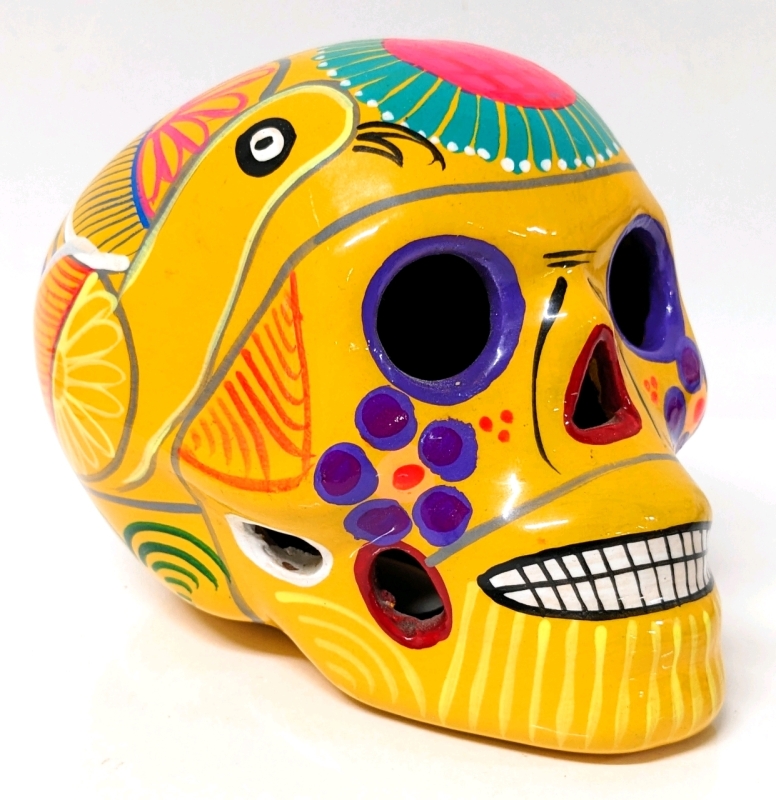 New Handpainted Terracotta Skull / Calavera / Day of the Dead Decoration 4.25" tall