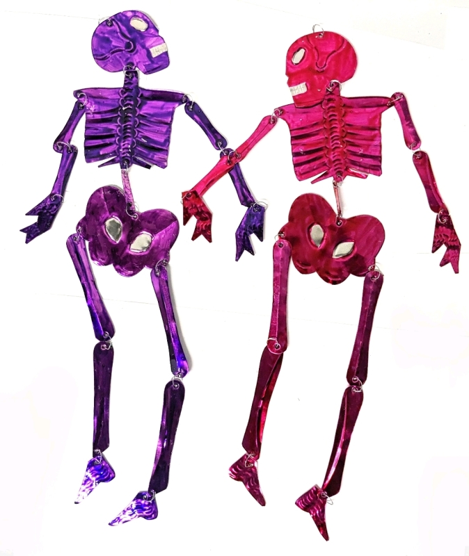 2 New Colorful Handmade Tin Hanging Jointed Skeletons Day of the Dead Decorations 20" Long Each