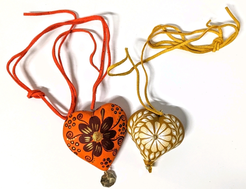 2 New Colorful Handpainted Lightweight Statement Wood Heart Pendants on Cords