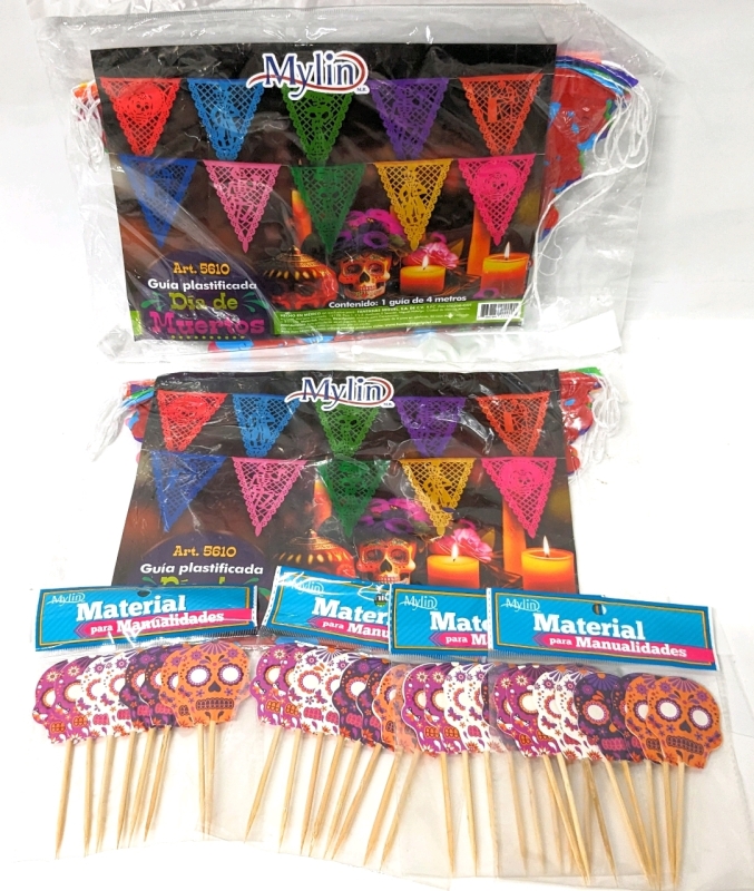 New Mylin DAY OF THE DEAD Decorations: 2 Banners (4 Meters Long) & 4 Packs of Sugar Skull Calavera Cupcake Sticks (8 per Pack)