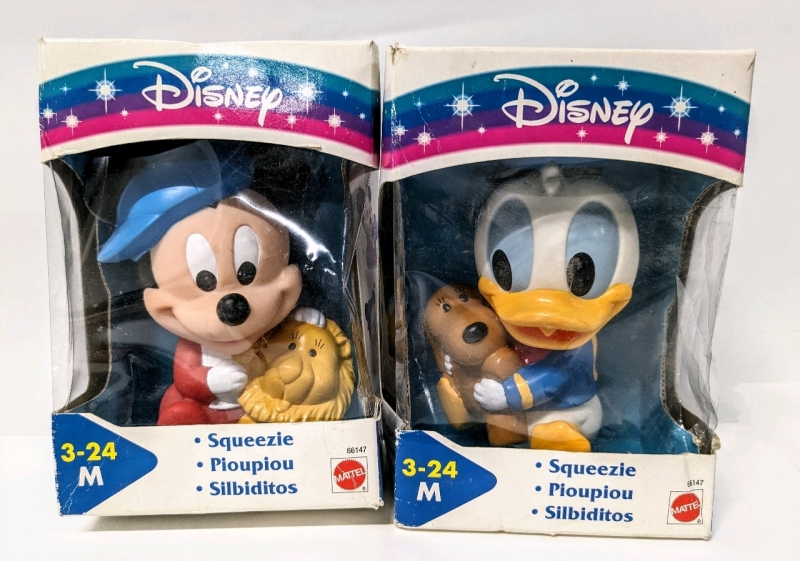 2 Vintage 1997 DISNEY 5" Squeezie Toys : Donald Duck & Mickey Mouse (NRFB) Never Removed From Box