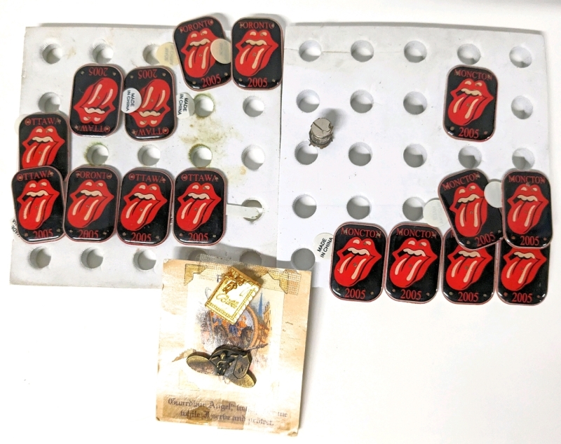 16 2005 Rolling Stones Canadian Tour Magnetic Pins (Moncton, Toronto, Ottawa) & Bible + Guardian Angel Firefighter Pins