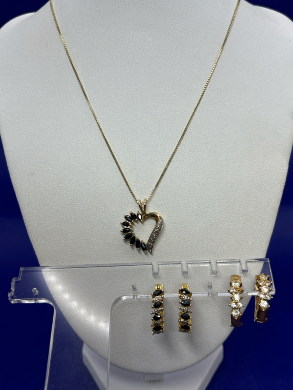 925 Sterling Gold over Floating Heart Necklace Earring Set