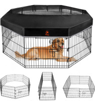 New PJYuCien Dog Playpen - Metal Foldable Dog Exercise Pen, Pet Fence Puppy Crate Kennel Indoor Outdoor with 8 Panels 30”H & Top Cover for Small Medium Pets