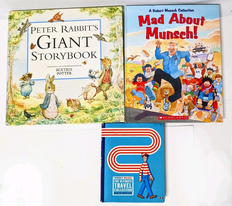 3 Classic Fantastic Hardcover Kids Books: Peter Rabbit's Giant Storybook, Mad About Munsch, Where's Waldo Ultimate Travel Collection