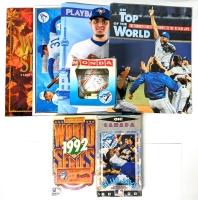 Vintage Toronto BLUE JAYS Fan Lot: Honda 1995 Replica Signed Base Ball, '93 World Series Score Book, Limited edition Upper Deck print 9" x 11", '92 Toronto Star Tribute, 2 Sealed VHS: 1992 World Series & Story