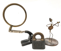 Vintage Magnifying Glass Helper Stand Made in France, YALE Lock without Key & Metal Musician Figure