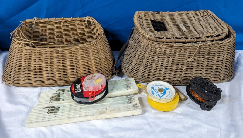 2 Vintage Fishing Kreel Baskets and Assorted Fishing Supplies