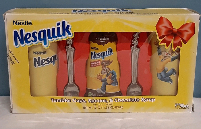 Vintage Nestlé Nesquick Tumblers Spoons and Chocolate Syrup. Unopened and not for consumption