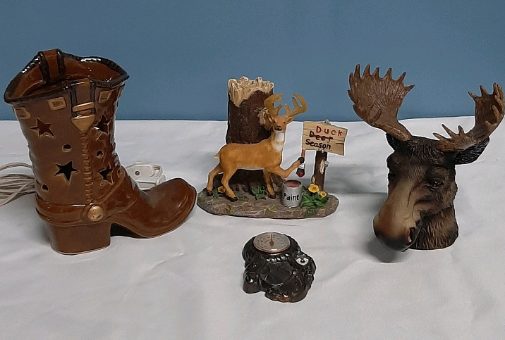 Vintage Cowboy Boot Lamp and a Vintage Plastic Horse Brass Thermometer Modern Rubber Buddy Moose and Deer Figurine