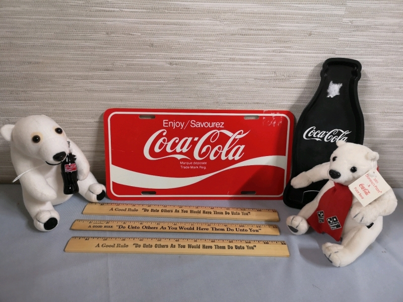 Vintage Coca Cola Lot - Sign, Tray, Plushes