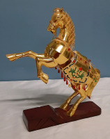 Vintage Asian Gold Tone Metal Horse on Wood Stand