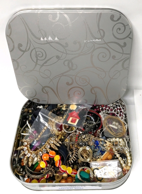 Assorted Unsorted Jewelry in Biscuit Tin