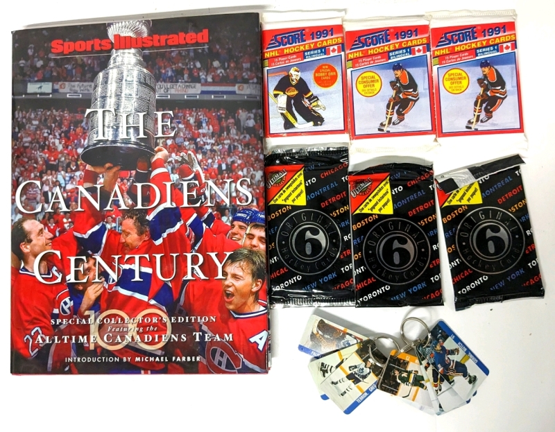 Vintage to Newer Hockey: Sealed Card Packs, Mini Plastic Cards on Keyrings + The Canadiens Century Hardcover Book