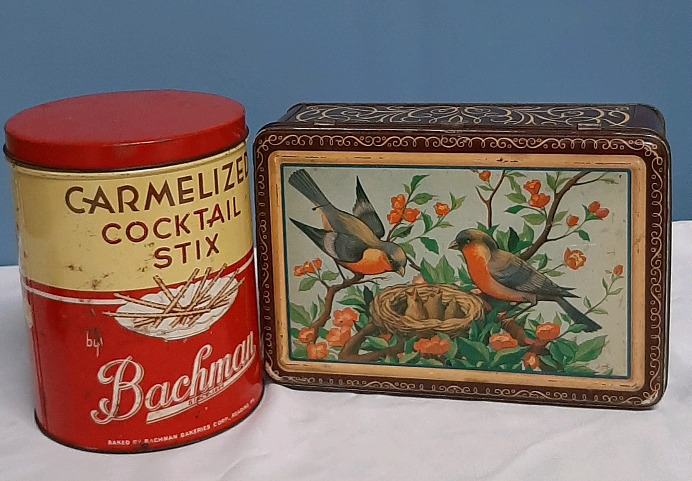 Vintage 2 Tins One is for Bachman Carmelized Cocktail Sticks.