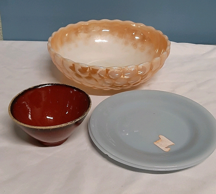 Vintage Dishware Lot 2 Delph Blue Dinner Plates a Red Pottery Bowl and a Fire King Peach Lustre Bowl