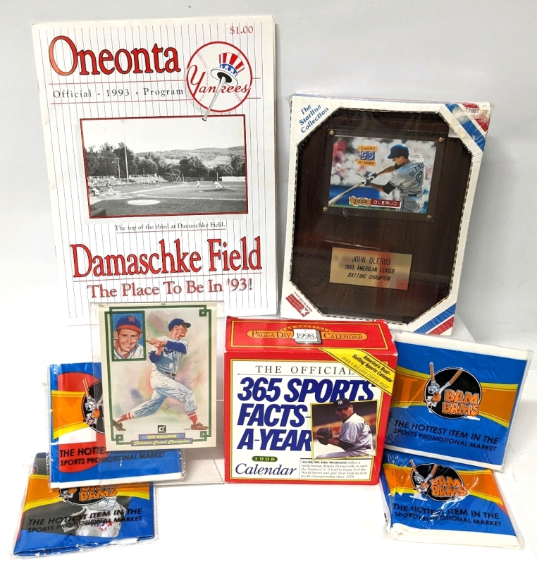 Vintage Baseball Memorabilia & Ephemera : '93 Oneonta Program, '93 John Olerud Plaque (Sealed), 4 Inflatable BamBams, Oversized Ted Williams DonRuss Grand Champion Card, 1998 365 Sports Facts a Year Calendar