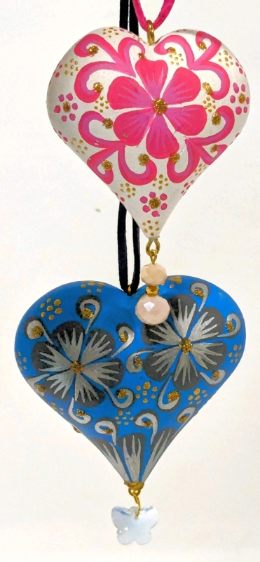 2 New Colorful Handpainted Lightweight Statement Wood Heart Pendants on Cords