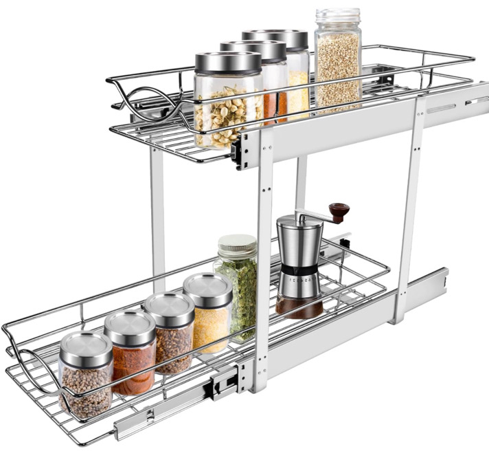 NEW Sikarou Pull Out Cabinet Organizer 7" W x 21" D 2-Tier Individual Slide Out Drawer Pantry Shelf Storage for Kitchen Base Cabinet Organization ​for Kitchen, Bathroom, Pantry, Chrome