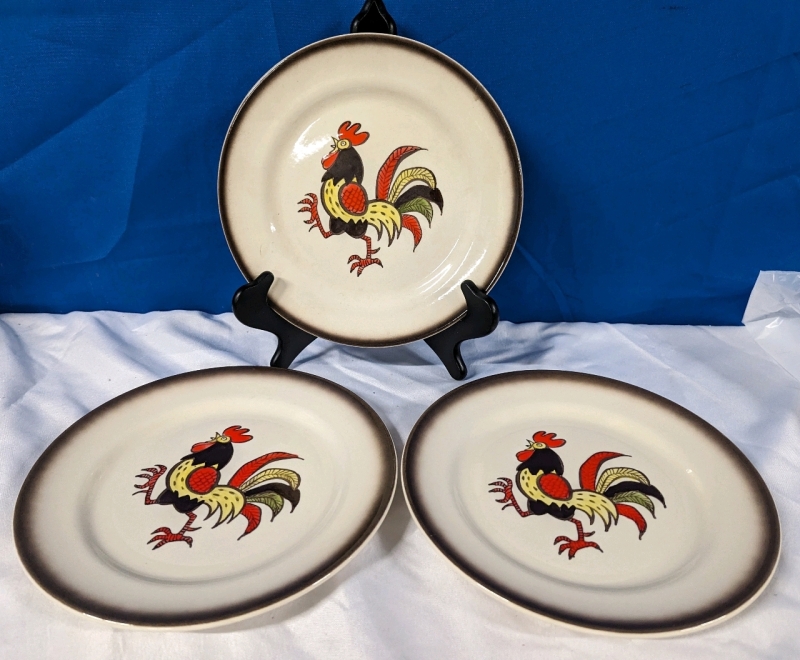 3 Poppytrail Red Rooster Pattern Plates.