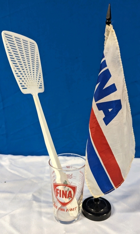 Fina Measuring Glass, Flag and Quaker State Plastic Flyswatter.