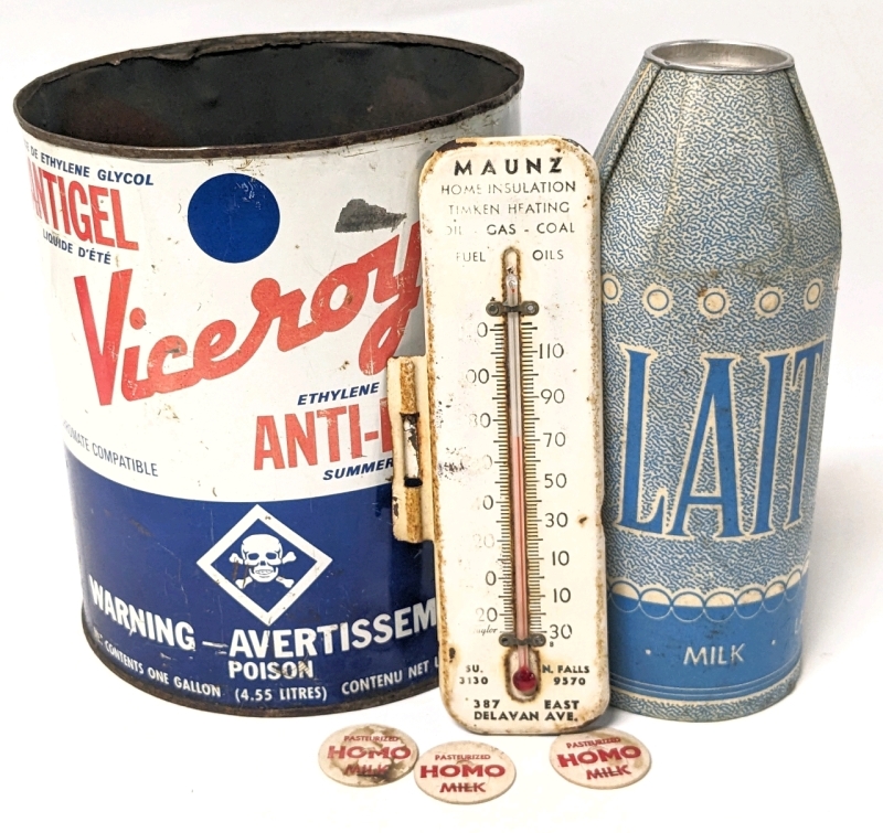 Vintage Advertising : Viceroy Tin, Maunz Home Insulation Thermometer & 1867-1967 Centennial Waxed Cardboard Milk Bottle with 3 Homo Milk Tops