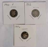 1910 , 1912 & 1914D United States of America Barber Dime Lot .