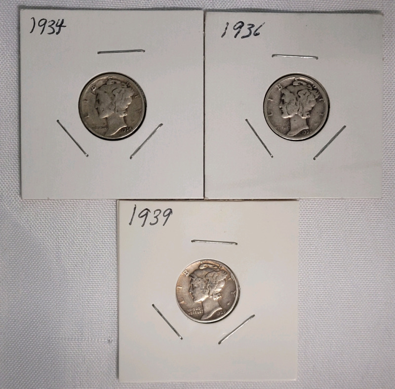 1934 , 1936 & 1939 United States of America Mercury Dime Lot . Three (3) Dimes