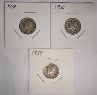 1934 , 1936 & 1939 United States of America Mercury Dime Lot . Three (3) Dimes