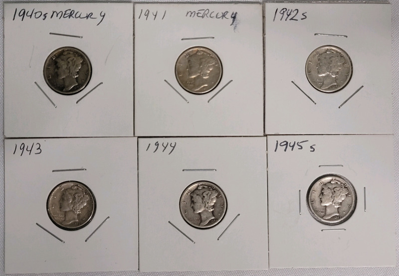 1940 - 1945 United States of America Mercury Dime Lot . Six (6) Dimes