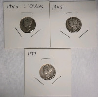 1941D , 1942 & 1945 United States of America Mercury Dime . Three (3) Dimes