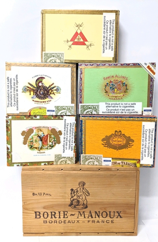 5 Havana Cuban Cigar Boxes & Large French Wood Wine Box : Monte Cristo, Ramon Allones, Martinez Y CA., Romeo Y Julieta, Partagas