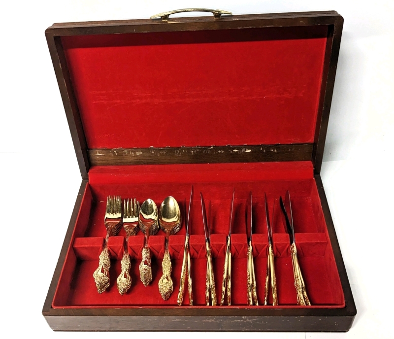 Vintage Northcraft 24 GP Gold Plated Stainless Steel Place Settings in Wood Case (Made in Japan)