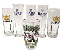 2 SAPPORO Beer + 3 HARP Lager Glasses + Vintage Libbey 12oz Drinking Glass feat. Treasure Island Pirates w Log Cabin & Gold Trim