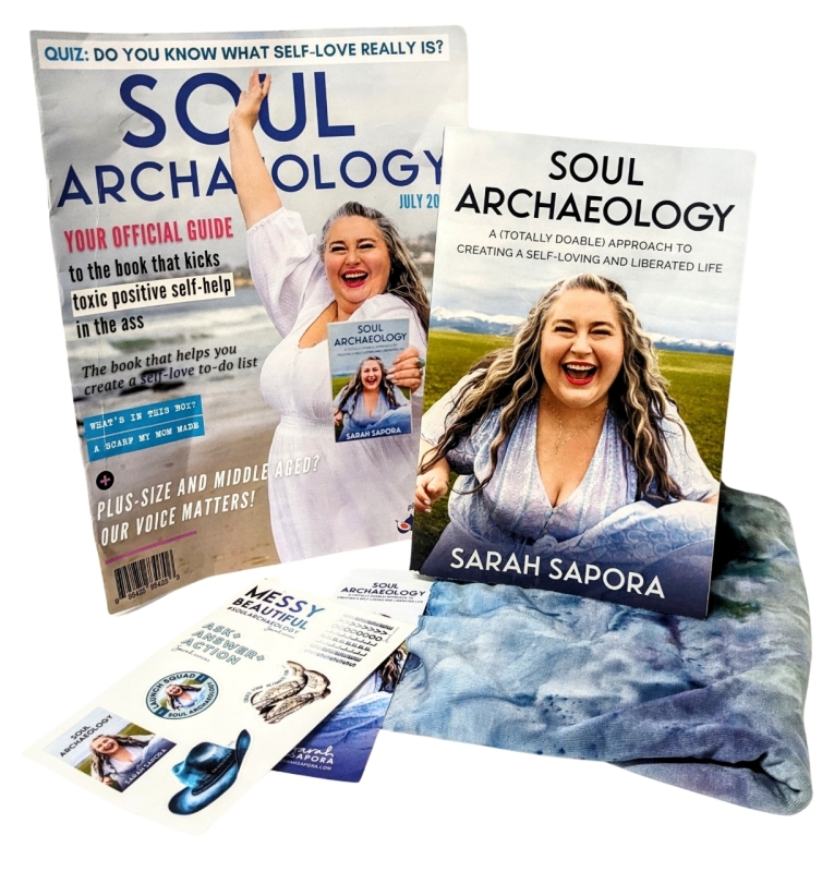New SOUL ARCHAEOLOGY Paperback Book by Sarah Sapora with July 2023 Magazine, Stickers & 78" x 13" Hand-Dyed Lightweight Scarf