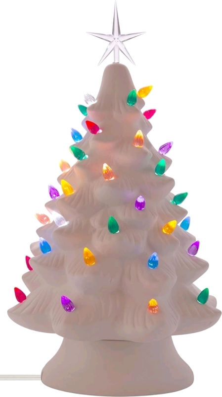 New Creative Hobbies Ready To Paint Large 13.25" Tall Ceramic Bisque Christmas Tree & Base - Lights Up! - Electrical Cord, Bulb, Multi-Colored Light Pegs, Star Included