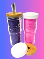 2 New Thick & Tall BALL Jar Smoothie Glasses with Bamboo Tops and Plastic Tops Without Straw Holes & 2 Metal Straws