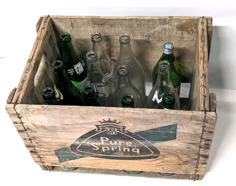 Vintage PURE SPRING Wood Crate with 12 Large Glass Bottles: Niagara Dry Ginger Ale, Moran Beverages, 7-UP & More