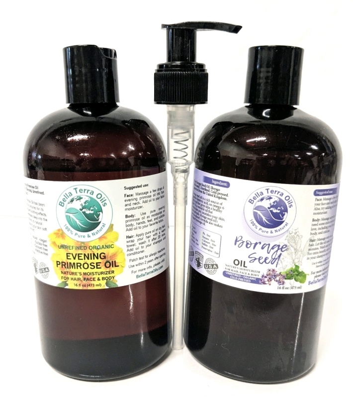 2 New Bella Terra Oils BORAGE SEED & EVENING PRIMROSE OIL 473ml* w 1 Pump