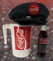 Vintage Coca-Cola Plastic Pitcher, Conductor's Hat and 1998 Sealed Glass Bottle