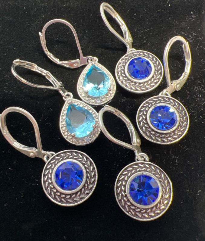 3 Lever Back Swarovski Crystal Handmade Earrings in Blues