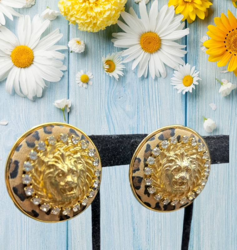Statement 3D Lion Rhinestone Fabric Animal print Earrings