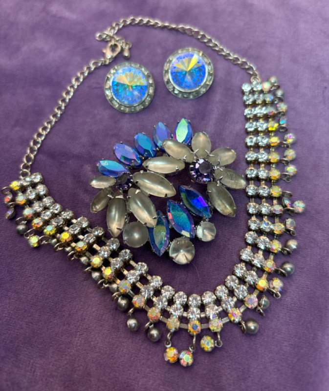 Double Flower Molded Glass Rhinestone Brooch Necklace Earrings