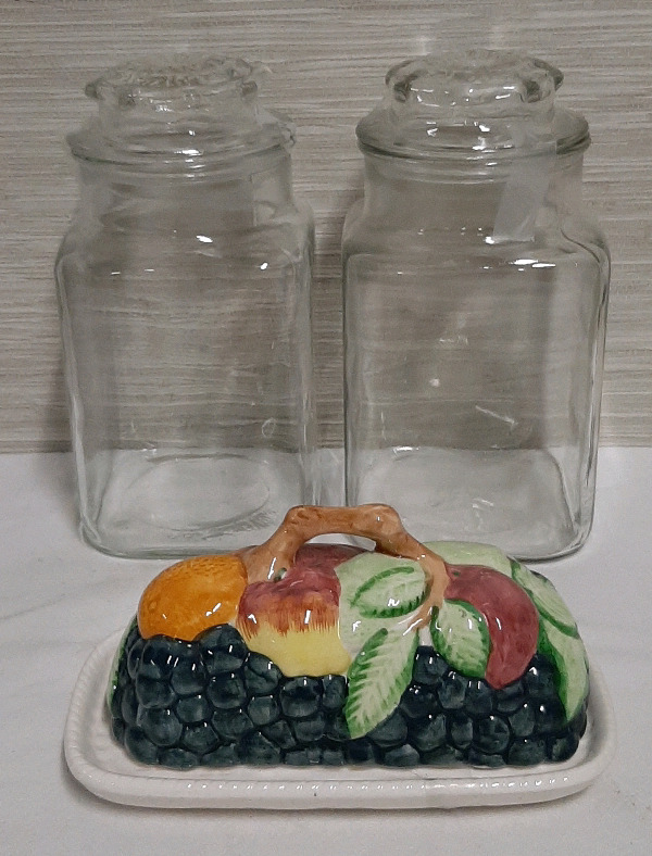 Vintage Two Glass Storage Jars and an Artmark Decorated Butter Dish