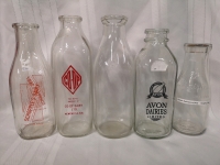 5 Glass Milk Bottles - Co-op, Schoppee's, Avon Dairies