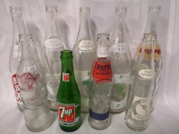 9 Vintage Glass Pop Bottles - Pepsi, 7UP, Pop World, Big Boy & Evangeline