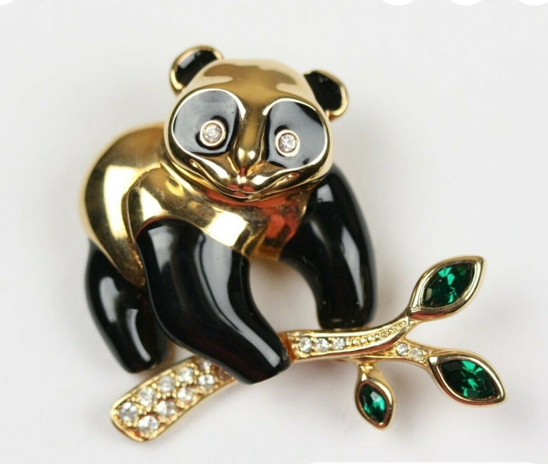 Swarovski Signed Panda Bear Green Crystal enamel Brooch